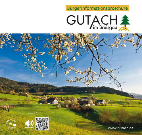 Deckblatt Bürgerinformationsbroschüre Gutach Deckblatt Bürgerinformationsbroschüre Gutach mit Landschaftsbild Häuser, Wiesen und Wald, die Sonne scheint